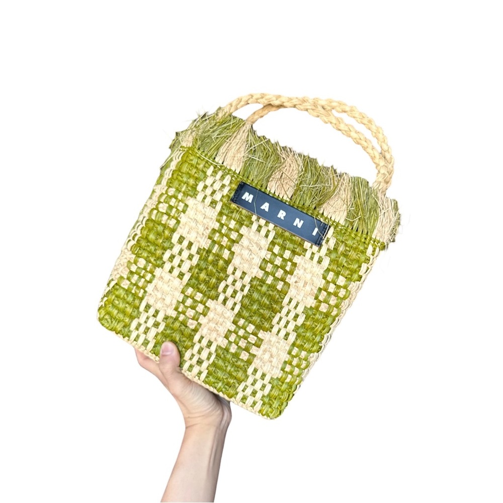 Marni Market Olive and Cream Woven Raffia Tote Bag - Picture 2 of 9